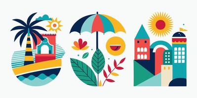 A set of colorful illustrations depicting different types of buildings vector