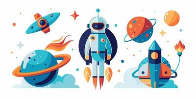 Space illustration set with rocket, spaceship and planets vector