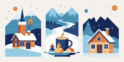 Winter landscape with houses, coffee, and a cup of coffee vector