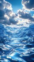 Waves gently ripple under a vibrant sky as sunlight breaks through clouds in a serene ocean landscape photo