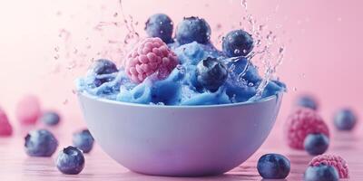 Bright blue dessert topped with fresh raspberries and blueberries splashes in a bowl on a pastel pink background photo