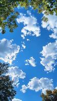 Bright blue sky filled with fluffy clouds above a vibrant green park during midday sunshine photo
