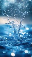 Water droplets splash upward, creating a mesmerizing arc in a blue environment during daylight photo