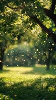 Sunlit park with gentle breeze and floating particles in a serene green landscape photo