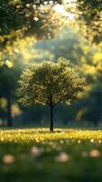 Sunlight filters through foliage illuminating a solitary tree in a peaceful park setting during golden hour photo