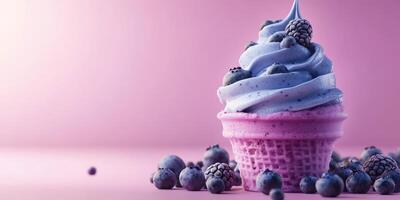 Soft serve ice cream topped with blueberries and blackberries on a pink background photo
