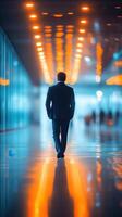 Business professional walking confidently through a brightly lit corridor in an urban location photo
