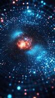 Vibrant cosmic tunnel filled with stars and glowing particles in a deep blue space environment photo