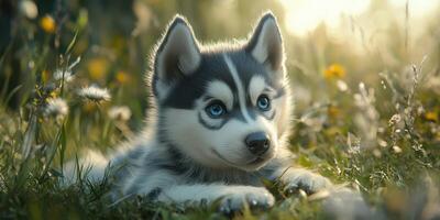 Cute husky puppy lying in a field of flowers during golden hour on a warm evening photo
