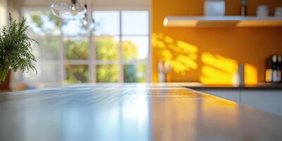 Bright kitchen with wooden countertop and vibrant yellow walls in sunny daylight showcasing a lively indoor atmosphere photo