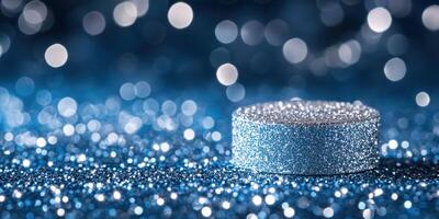 Sparkling blue glitter enhances a shiny hockey puck on a festive background during the holiday season photo