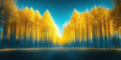 Golden autumn trees line a tranquil path under a bright blue sky at a serene forest location photo