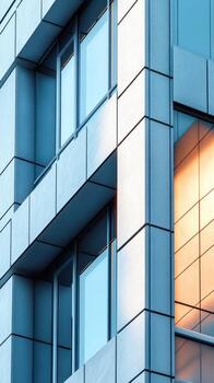 Modern architectural design of a building with reflective glass and textured surfaces during sunset in an urban environment photo