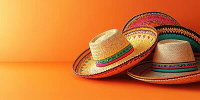 Colorful straw hats arranged on a vibrant orange backdrop celebrating traditional craftsmanship and cultural heritage photo