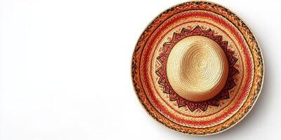 Colorful straw sombrero with woven patterns placed against a white background, highlighting traditional craftsmanship and design photo
