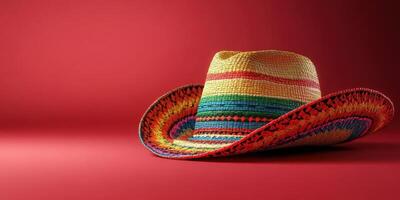 Colorful sombrero resting against a bright red background showcasing its vibrant design and unique texture photo