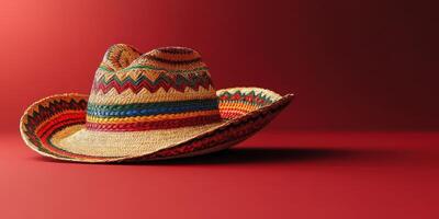 Colorful sombrero resting on a vibrant red surface with intricate patterns from traditional craftsmanship photo
