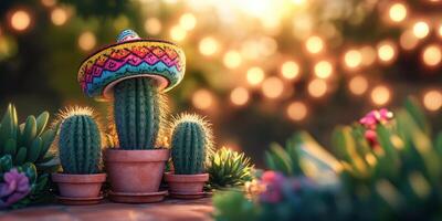 Cactus wearing a colorful sombrero in a vibrant garden setting during golden hour photo