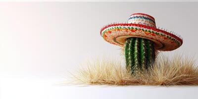 Cactus wearing a colorful sombrero in a desert landscape with dry grass under a soft light photo