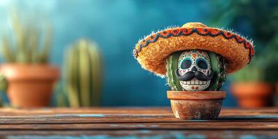 Decorative cactus wearing a sombrero and adorned with a sugar skull in a vibrant, sunny setting photo