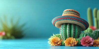 Colorful cactus with a sombrero surrounded by vibrant flowers on a bright blue background photo