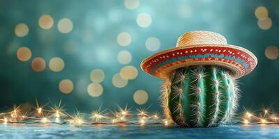 Cute cactus wearing a sombrero beside string lights on a festive background photo