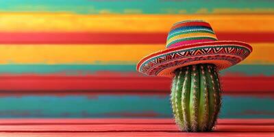 Colorful cactus wearing sombrero against vibrant background in a sunny setting photo