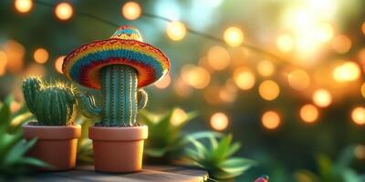 Cacti with colorful sombrero surrounded by warm bokeh lights in a festive outdoor setting at dusk photo