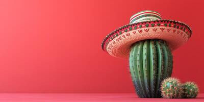 Cactus wearing traditional sombrero against a vibrant red backdrop in a playful display of cultural elements photo