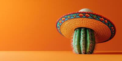 Cactus wearing a colorful sombrero against a vibrant orange background photo