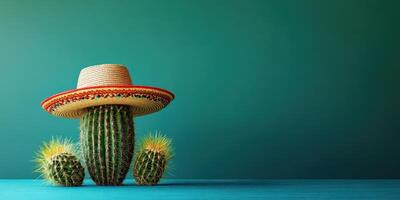Cactus wearing a sombrero on a vibrant blue background under warm light photo