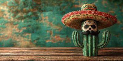Colorful cactus skull figurine wearing sombrero on rustic wooden table with textured background photo