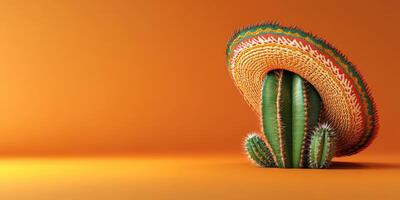 Cactus wearing a colorful sombrero against a vibrant orange background for a festive atmosphere photo