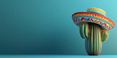 Unique cactus wearing a colorful sombrero against a vibrant blue background photo