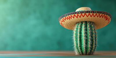 Cactus wearing a traditional sombrero in a colorful setting showcasing vibrant Mexican culture photo