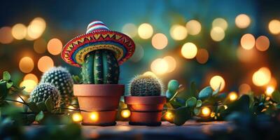 Cactus wearing a colorful sombrero surrounded by festive lights at night in a cozy setting photo