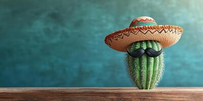 Cactus wears sombrero and fake mustache on wooden table with colorful background in festive atmosphere photo