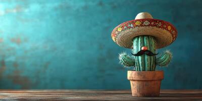 Creative decoration featuring a cactus wearing a sombrero and mustache on a wooden table with a turquoise backdrop photo