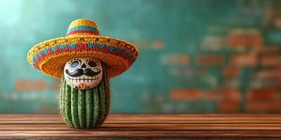 Colorful cactus adorned with a traditional sombrero and decorated skull in a rustic setting photo