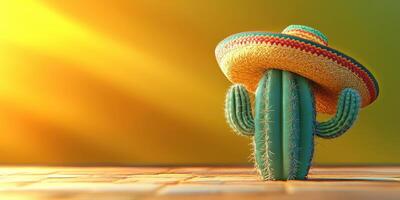 Cactus wearing a sombrero stands against a warm sunset background in a vibrant desert setting photo