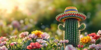Cactus wearing a colorful sombrero amidst a vibrant flower garden during a sunny day photo