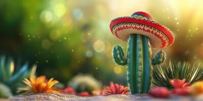 Cactus wearing a sombrero stands among colorful flowers in a vibrant setting with warm sunlight photo