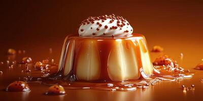 Delicious caramel dessert topped with cream and chocolate sprinkles on a warm background photo
