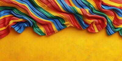 Vibrant colorful textile draped elegantly over a bright yellow background showcasing texture and patterns photo