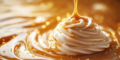 Swirls of creamy dessert topped with sweet golden syrup on a glossy surface photo
