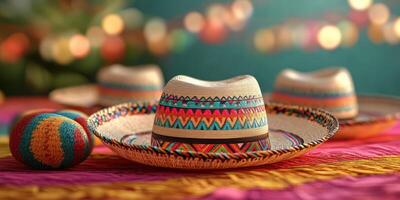 Colorful sombreros and decorative ball creating a festive atmosphere at a vibrant celebration photo