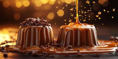 Delicious chocolate caramel dessert with rich texture and golden sauce in a warm backdrop photo