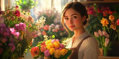 Beautiful woman arranging colorful flowers in a vibrant floral shop during sunlight hours photo