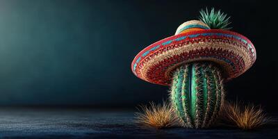 Cactus wearing colorful sombrero in a dimly lit environment showcasing Mexican culture and creativity photo