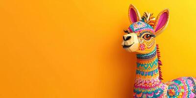Colorful llama decoration with intricate design against bright yellow background photo